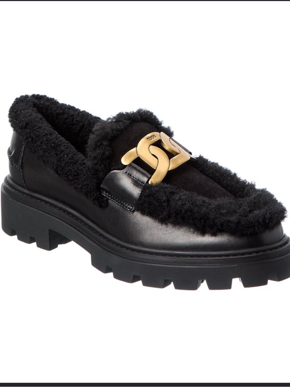 Tod's Black Leather Shearling-Trim Loafers with Gold Chain Detail
